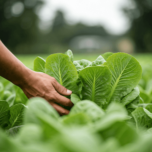 Farmer inspecting lettuce leaves during a field practicum