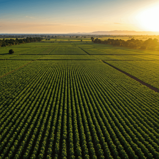 Aerial view of a lush Zambian agricultural plantation at golden hour