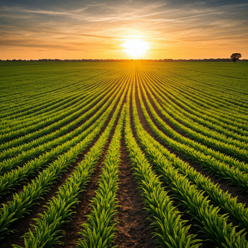 Expansive agricultural field at sunset