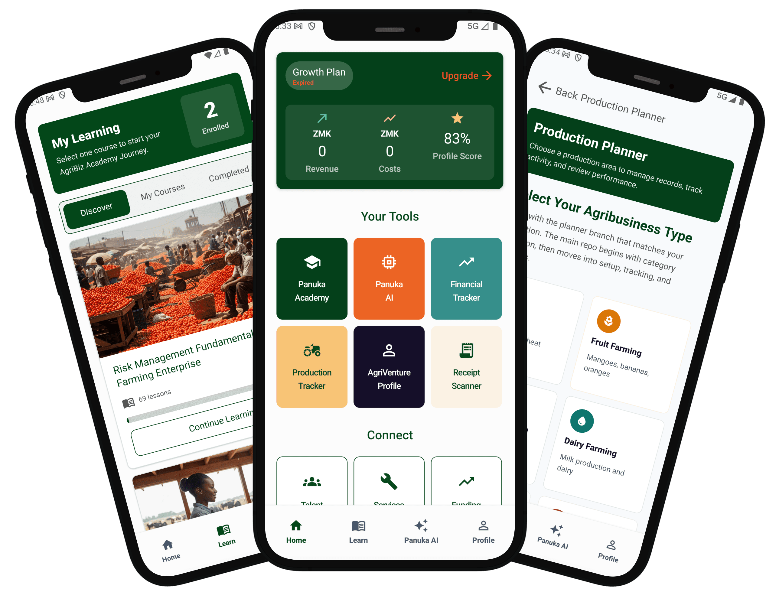 Panuka Agribiz Hub mobile app showing dashboard, learning, and production planner screens